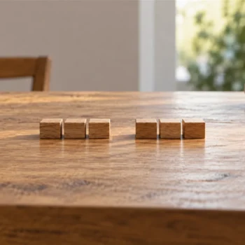 A short row of wooden stepping blocks with a small pause between groups on a tabletop.