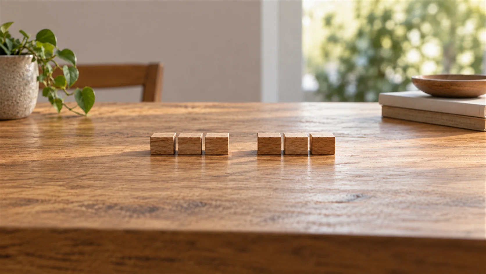 A short row of wooden stepping blocks with a small pause between groups on a tabletop.