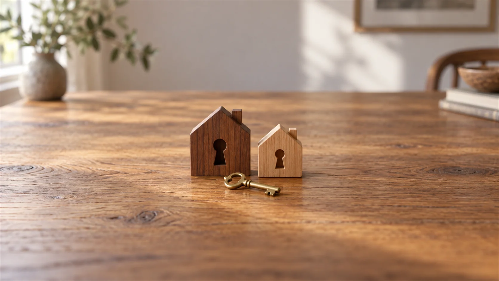 Two wooden house-shaped blocks with keyholes stand beside two plain metal keys on a table.