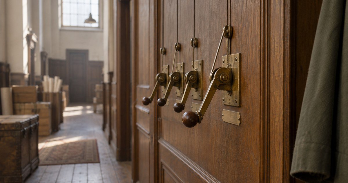 A row of brass bell cranks with one pulled and its wire taut
