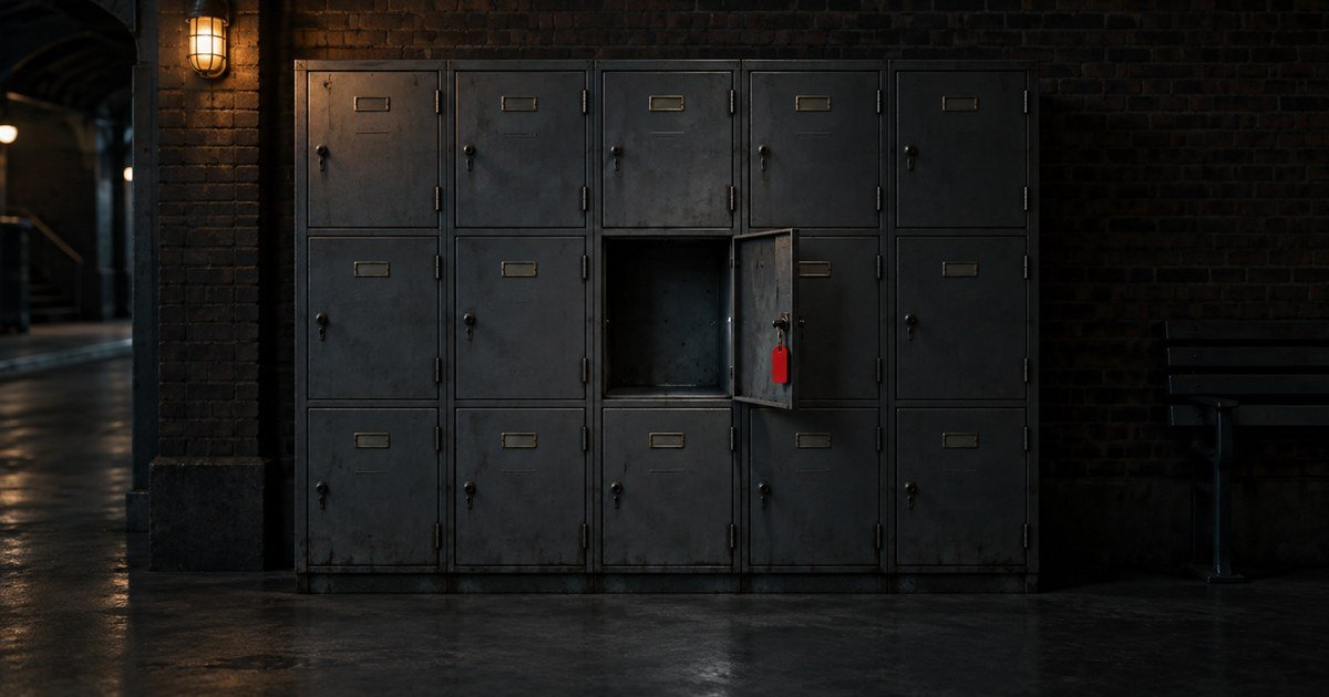 A row of shut lockers with one open and empty, a red tag on its key