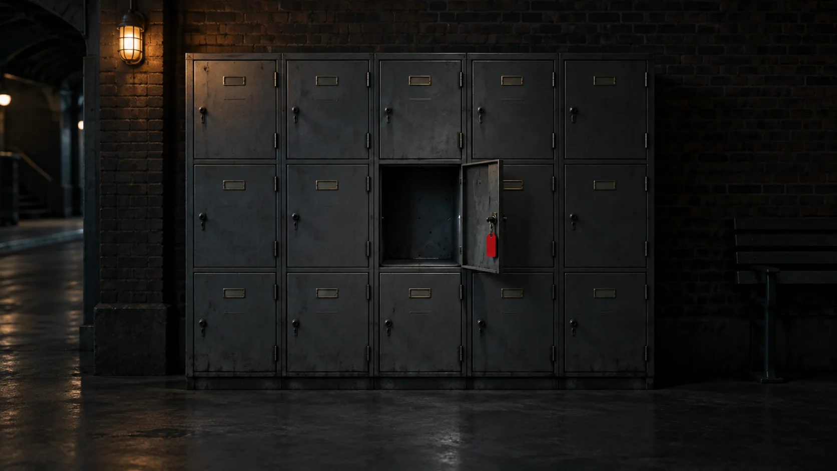 A row of shut lockers with one open and empty, a red tag on its key