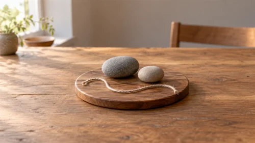 Two smooth stones on a round wooden board beside a loosely curved piece of plain string.