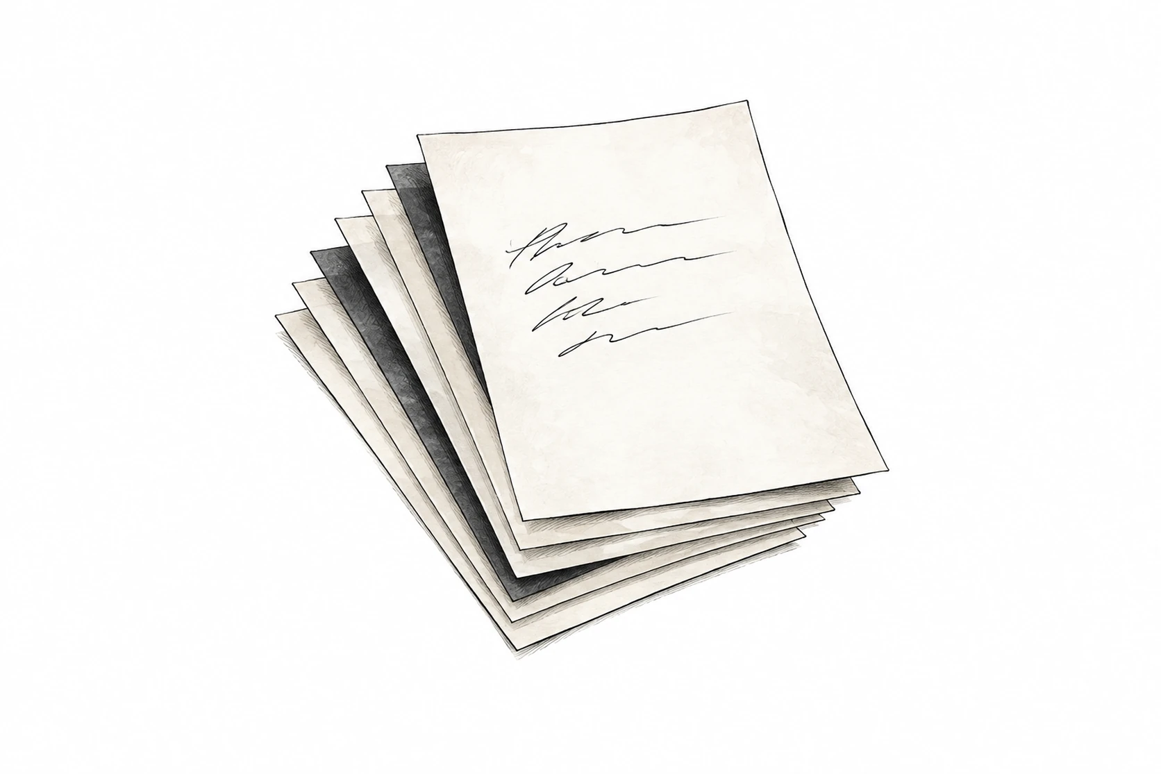 Ink spot illustration of one sheet of paper with six carbon copies fanned out beneath it, all seven edges visible.