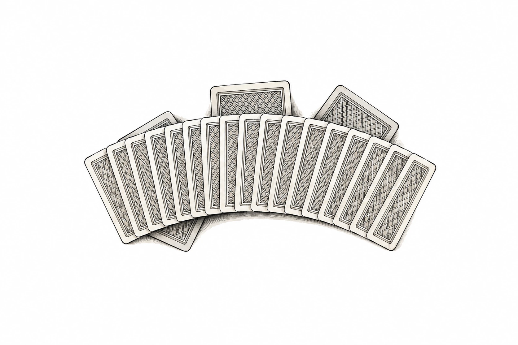 Ink spot illustration of a face down deck fanned in a neat arc, with three or four cards behind the front edge clearly out of order.