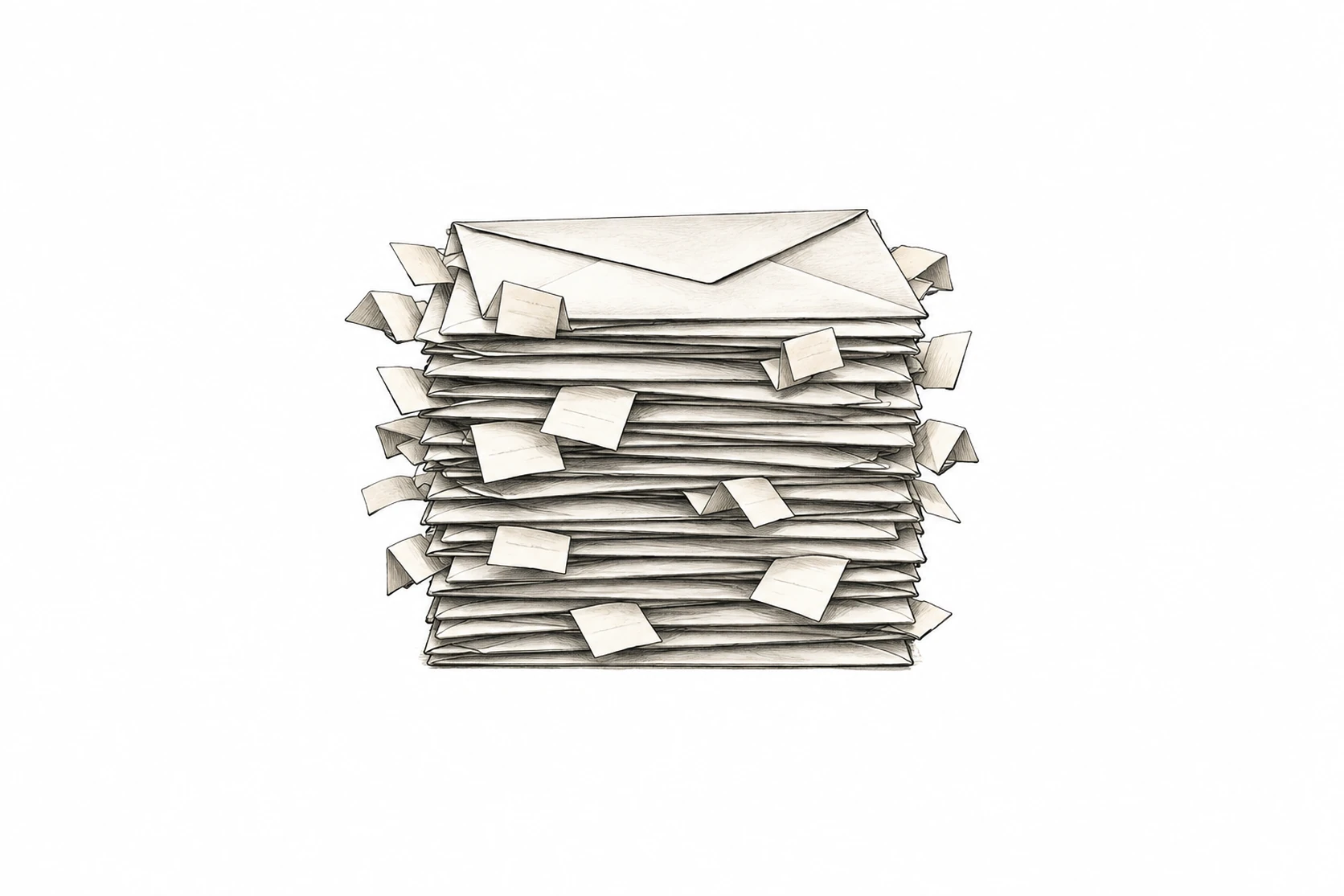 Ink spot illustration of a tidy stack of envelopes bristling with small folded paper slips poking out between them at every angle.