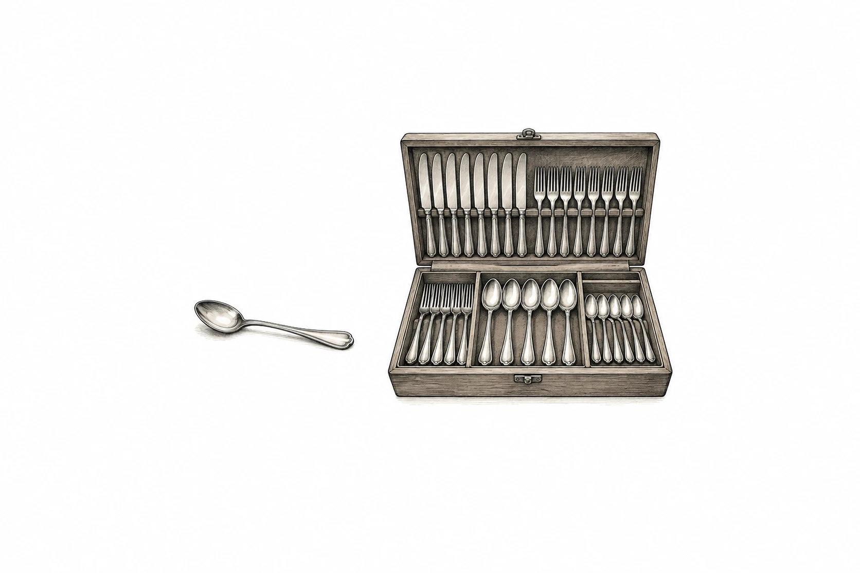 Ink spot illustration of a single teaspoon lying beside an open canteen of cutlery packed with dozens of pieces in their slots.