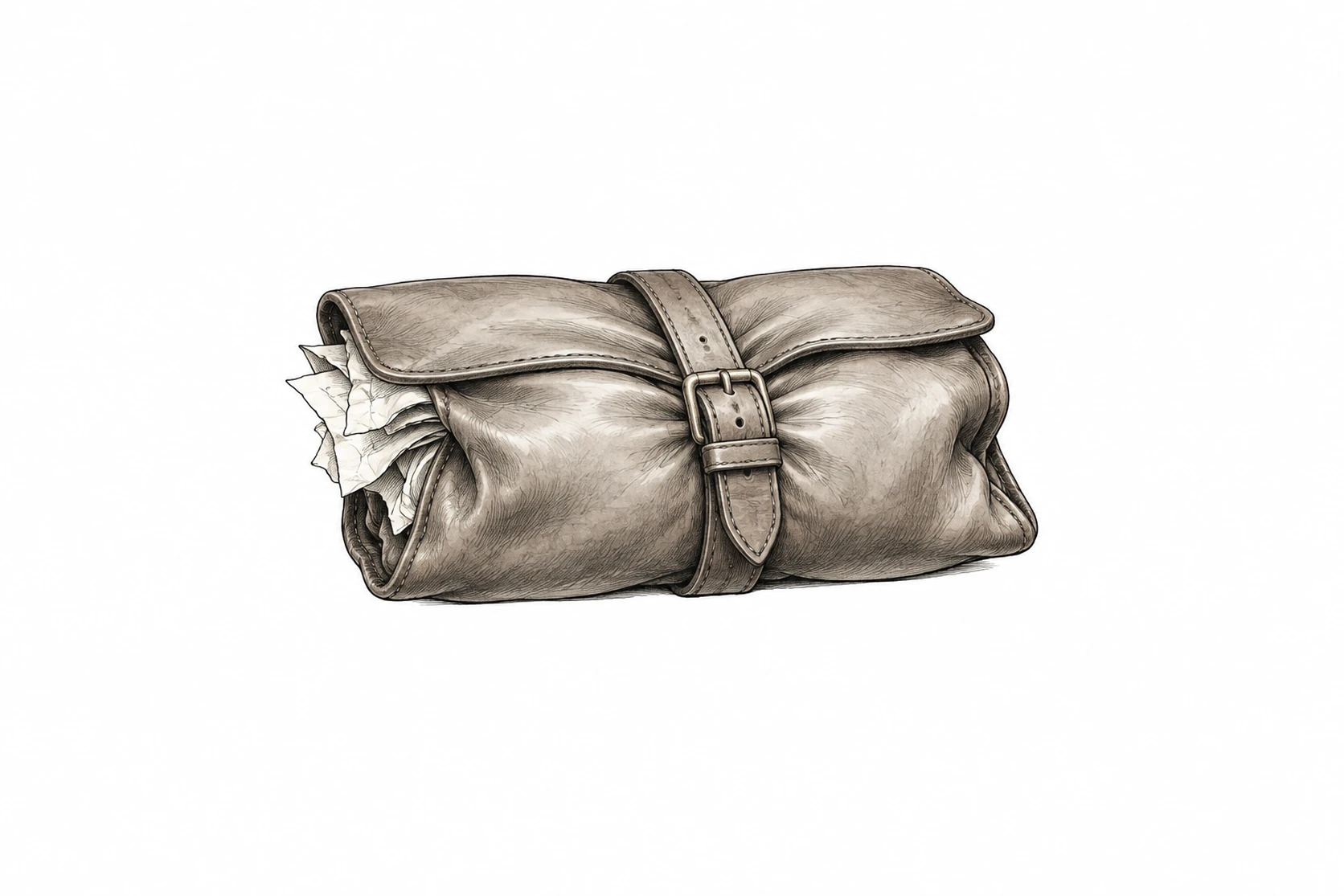 Ink spot illustration of an overfull leather document case pulled shut with a tight buckled strap, creased papers forced out at one corner.