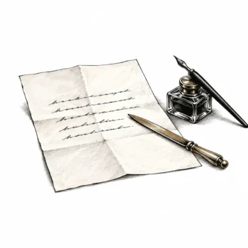 Ink spot illustration of an opened letter lying flat with a brass letter opener across one corner and a glass inkwell beside it.