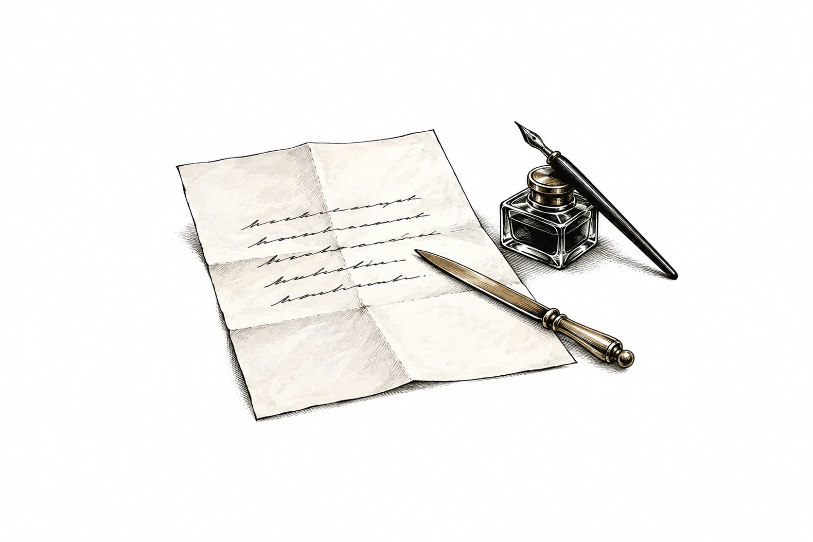 Ink spot illustration of an opened letter lying flat with a brass letter opener across one corner and a glass inkwell beside it.