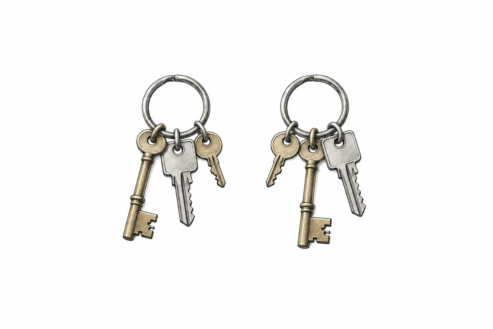 Ink spot illustration of the same key ring drawn twice, holding the same three keys in two different orders.