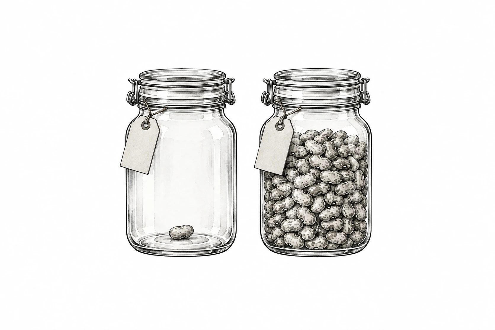 Ink spot illustration of two identical glass jars with blank paper tags, one holding a single bean and the other filled to the shoulder.