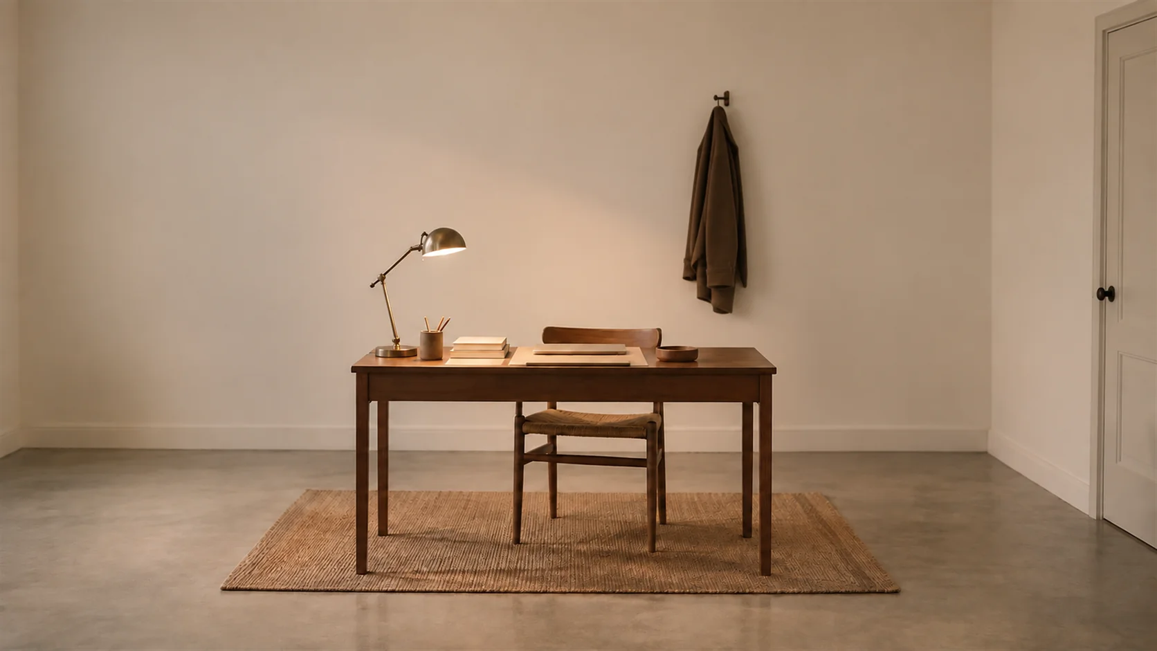 A small office on a weekend morning, chairs pushed in, one desk lamp on and a coat on the hook.