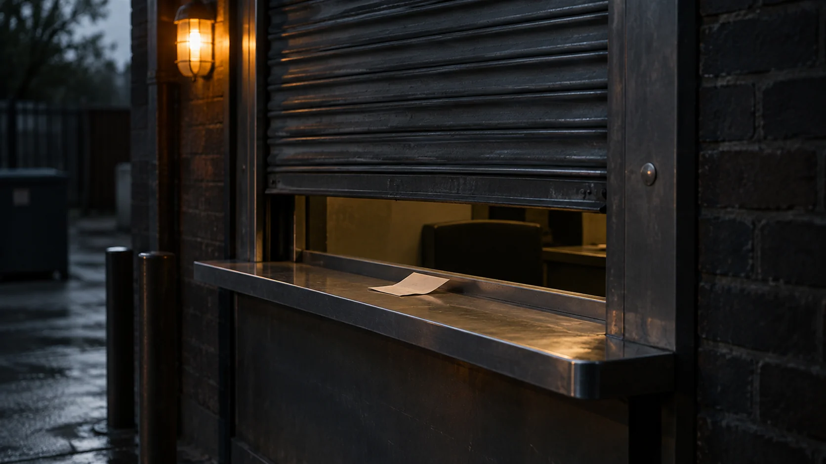 A ticket window with its shutter pulled halfway down and a paper slip left behind on the ledge.