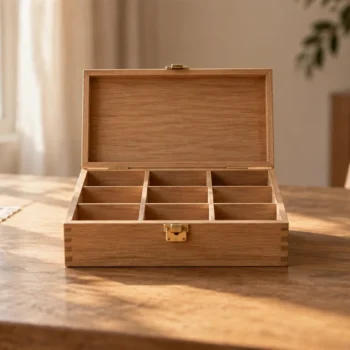 A plain wooden sorting box with separate compartments and a brass latch on a softly lit table.
