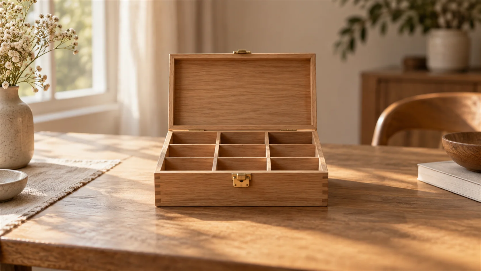 A plain wooden sorting box with separate compartments and a brass latch on a softly lit table.