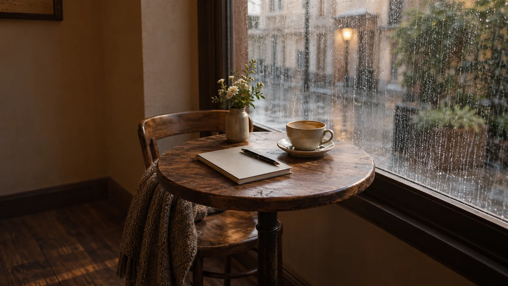 A café window table with a notebook, a pen and a half-finished coffee, rain running down the glass outside.