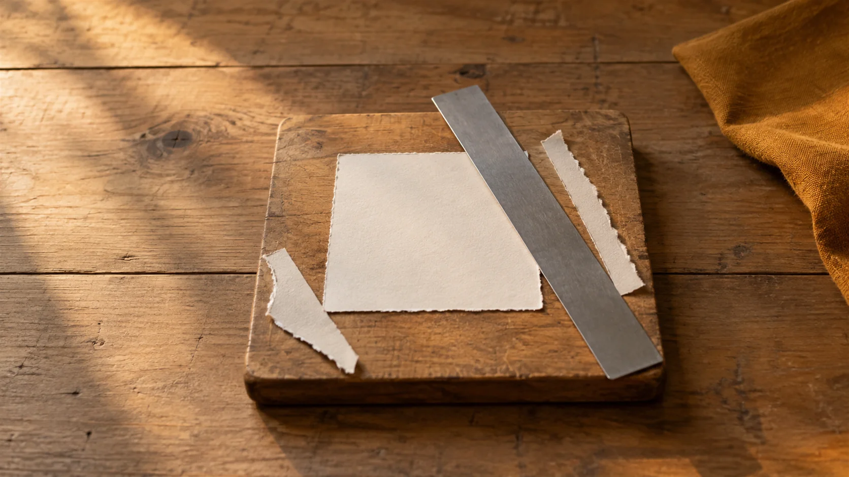 A sheet of paper on a cutting board with its ragged edges being squared off by a steel rule.