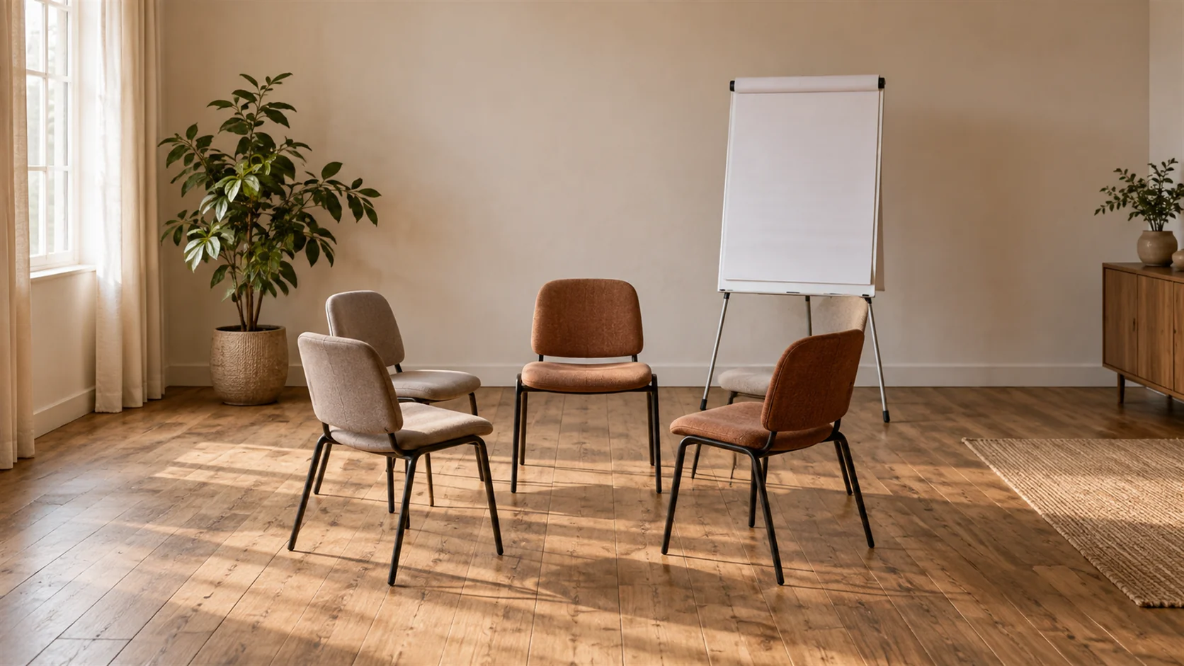 A short row of chairs pulled into a circle in a bright room with a flip chart stand.