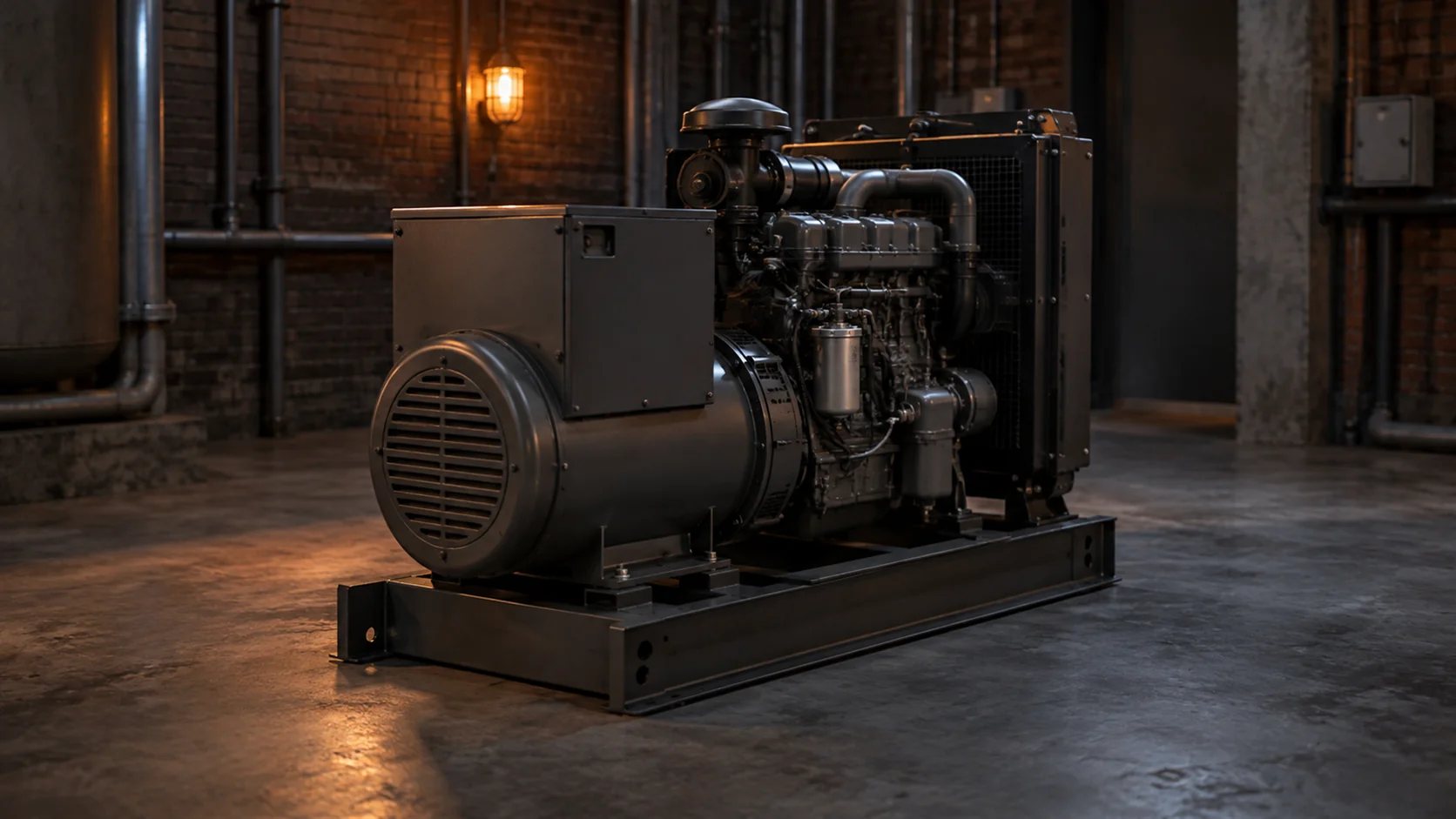 A second generator standing unbolted on a plant room floor, its mounting holes empty and clean.