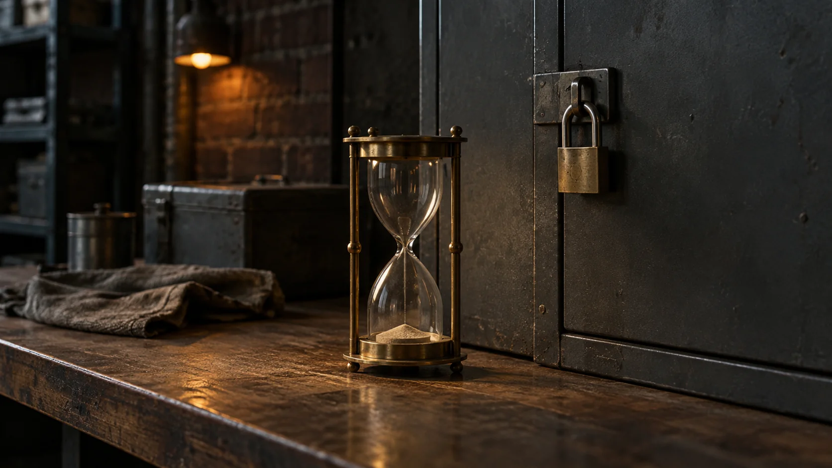 A brass hourglass on a workbench with the sand fully run out, standing beside a padlocked cabinet door.