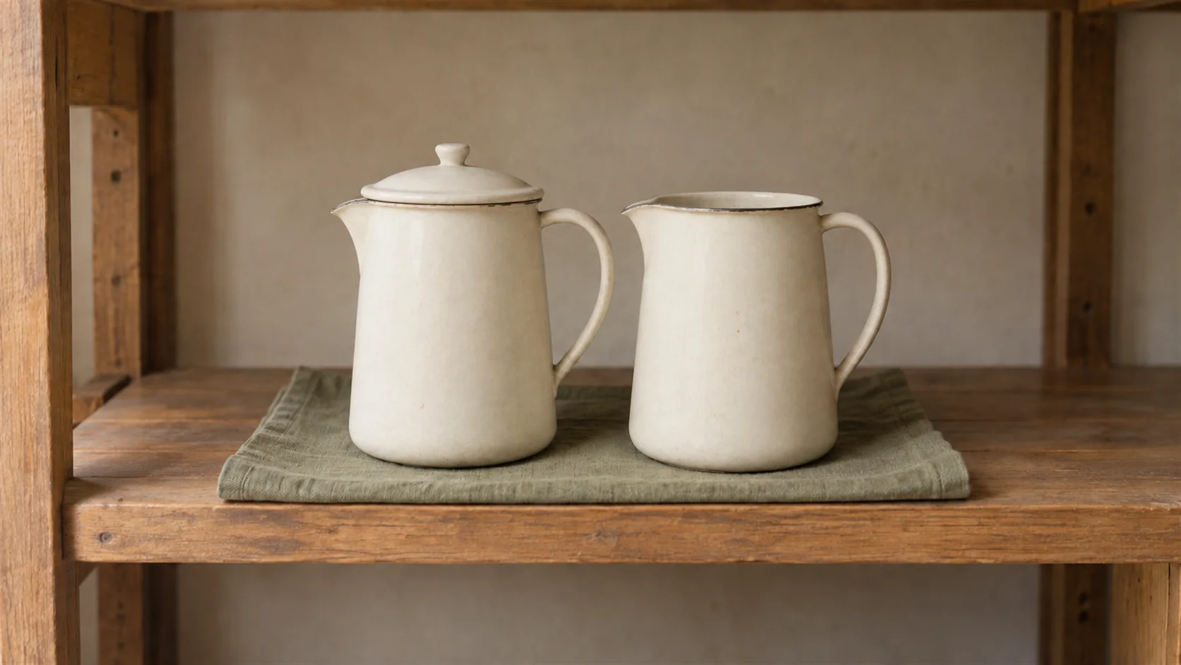 Two identical enamel jugs on a shelf, one sealed with a fitted lid and one open.