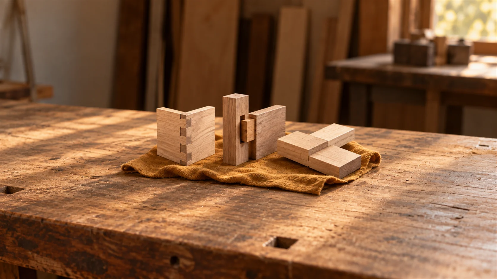 Three different woodworking joints laid out side by side on a bench, each cut for the same two boards.