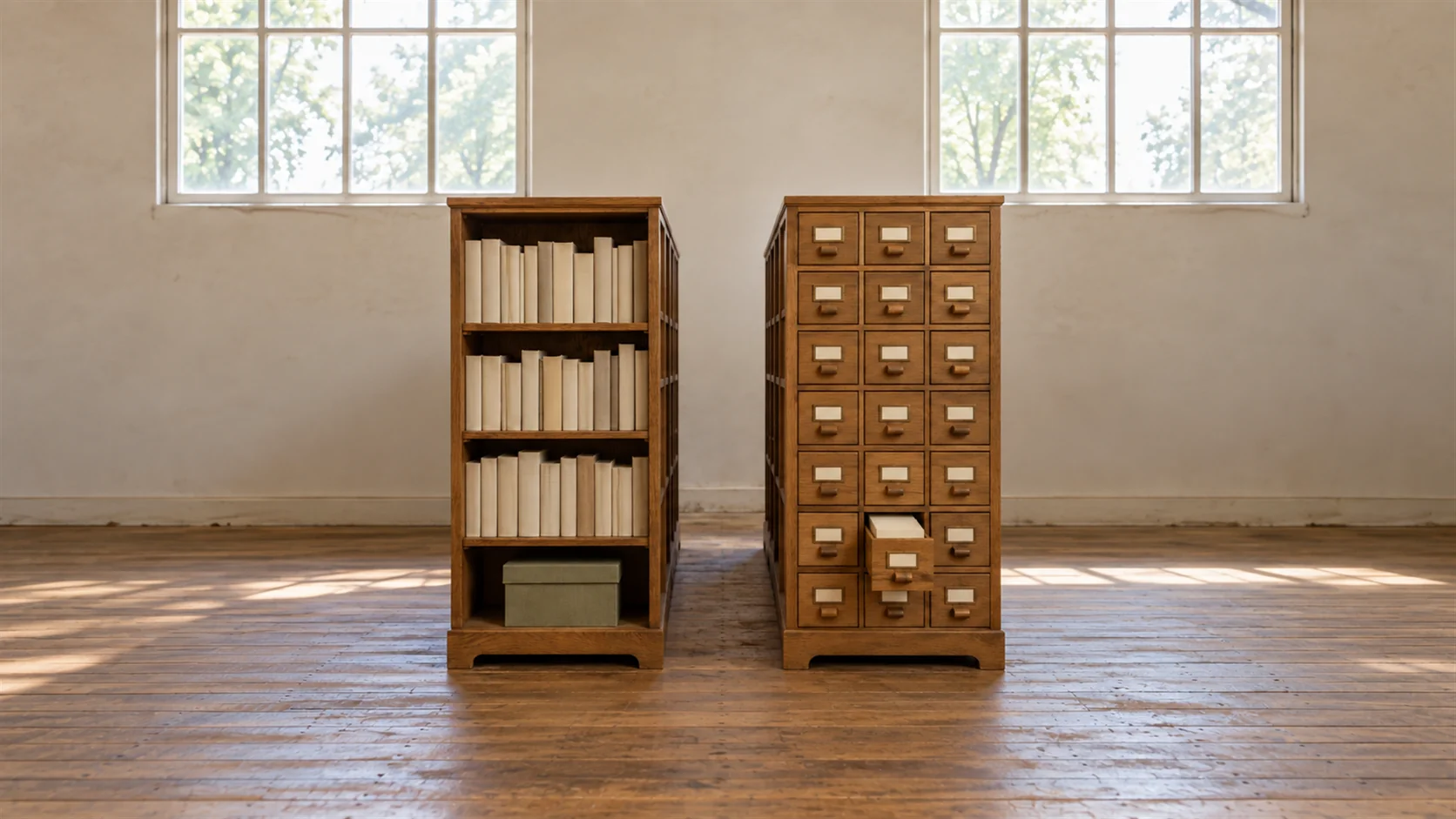 Two separate library shelving units with a narrow aisle between them, one holding bound books and the other holding only card index drawers.