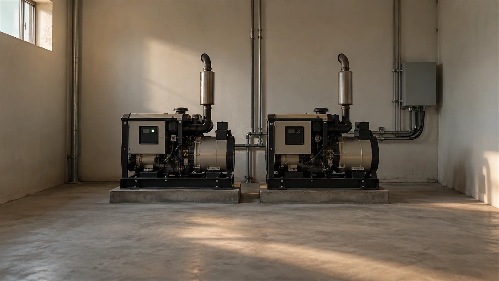 Two identical generators in a plant room, the standby one dark and its lamp unlit.