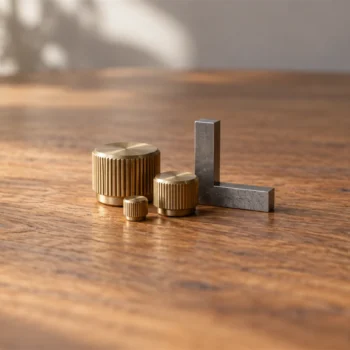 Plain brass adjustment knobs and a small measuring tool grouped on a warm wooden surface.