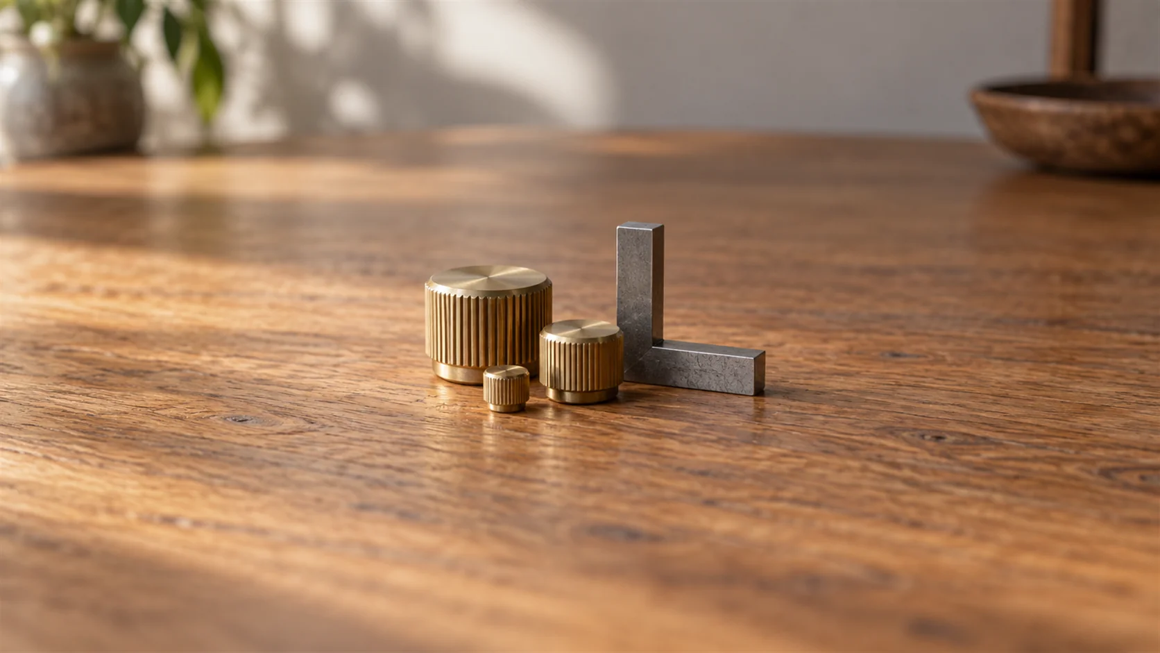 Plain brass adjustment knobs and a small measuring tool grouped on a warm wooden surface.