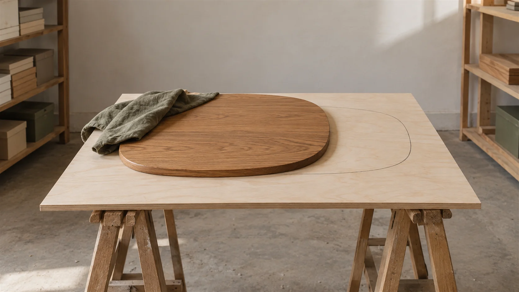 A table top used as a template, traced in pencil onto a fresh sheet of plywood on trestles.