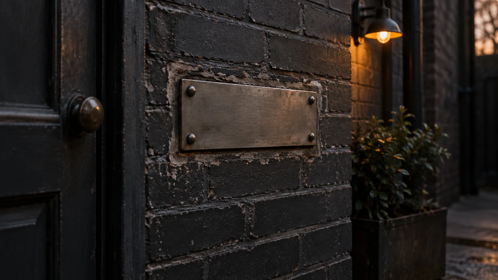 A letter slot in a wall sealed over with a riveted metal plate, the paint around it older than the plate.