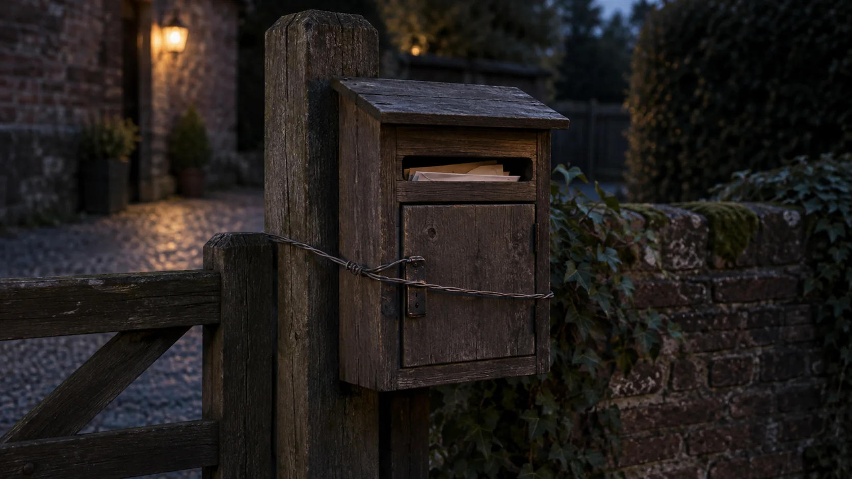 A wooden post box on a gate with its door wired shut, letters visible through the slot.