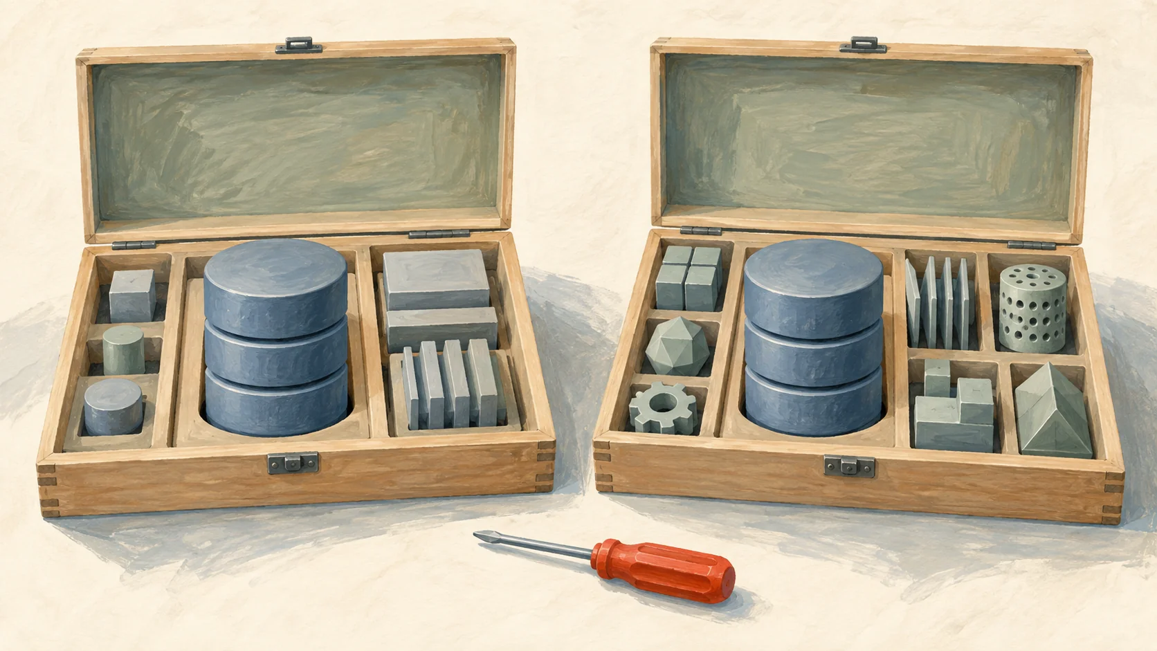 Two open wooden toolkits, each holding the same slate-blue database stack with different modules, and a red screwdriver