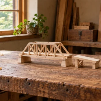 An unfinished wooden model bridge and separate approach piece sit on a sunlit workbench.