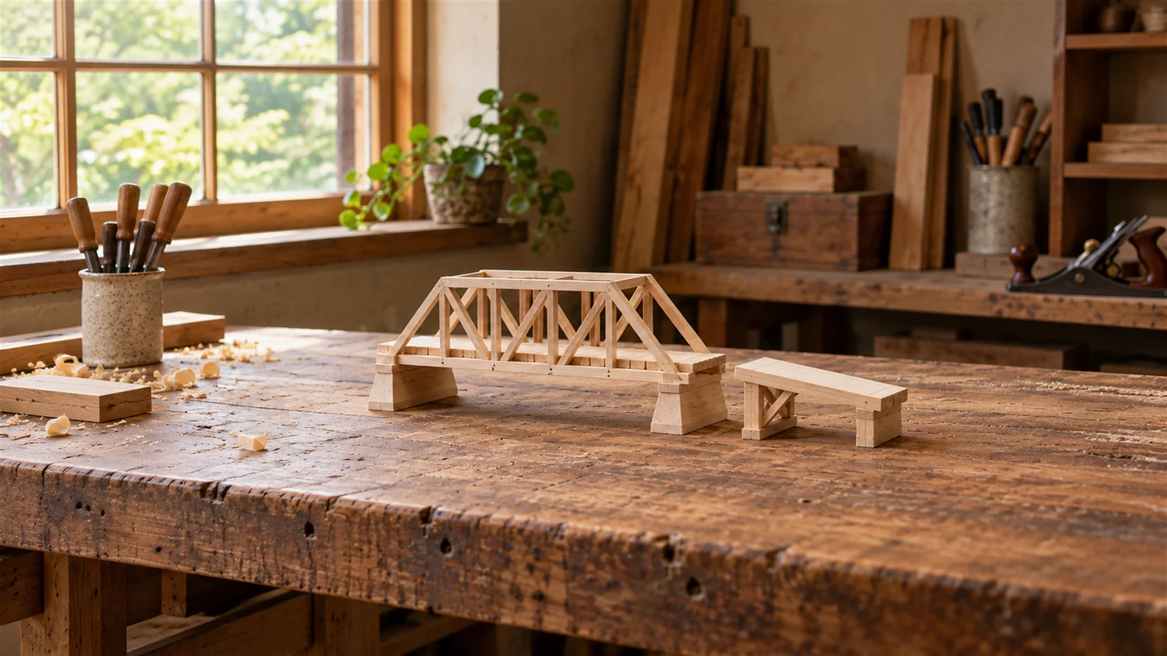 An unfinished wooden model bridge and separate approach piece sit on a sunlit workbench.