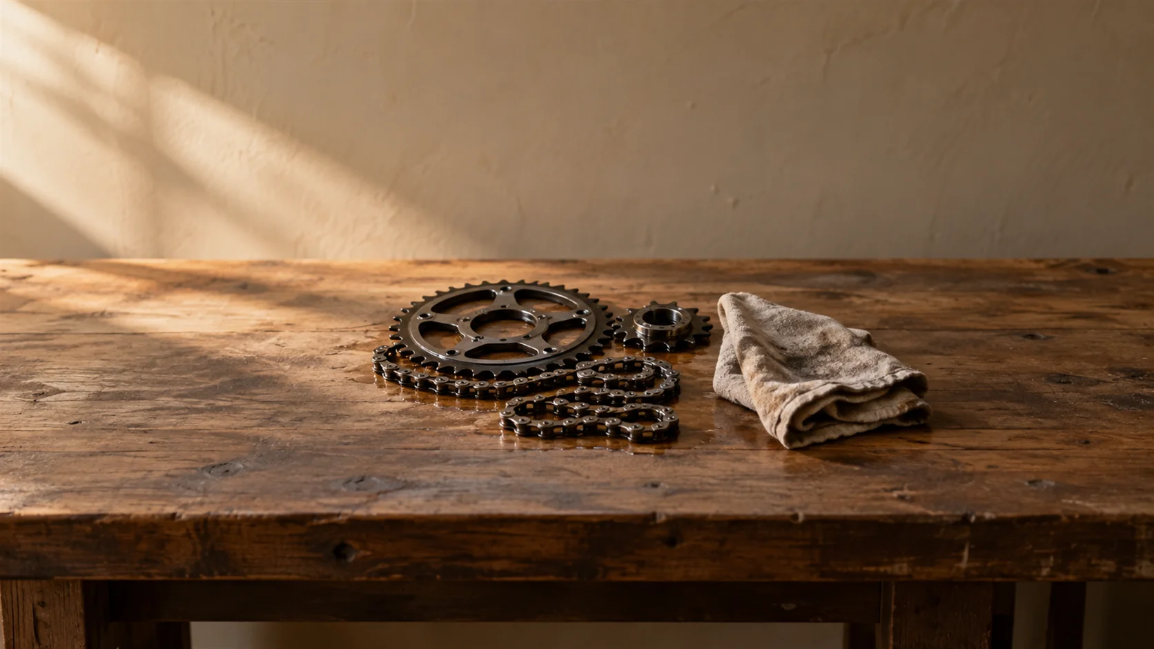 A bicycle chain and two gears laid on a workbench, freshly oiled, a rag folded beside them.
