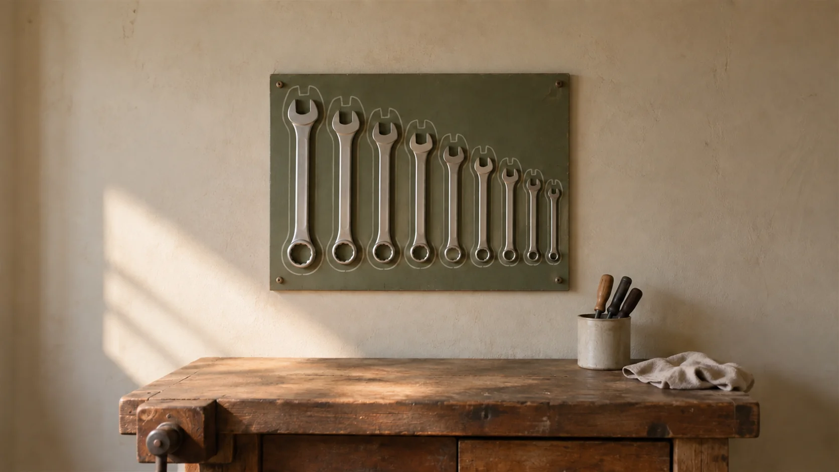 A workshop wall where a spanner set hangs in size order inside painted outlines.