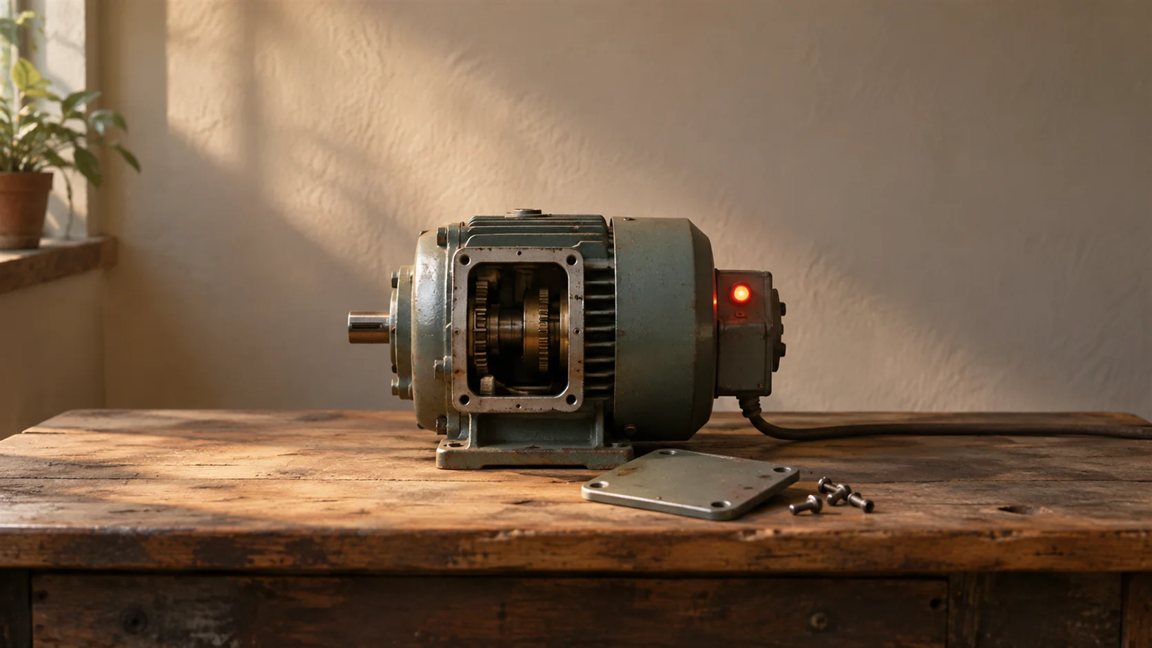 A machine housing with an inspection plate removed, a small warning lamp lit beside the opening.