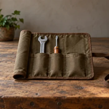 A compact canvas tool roll holds several tools beside an empty fitted pocket.