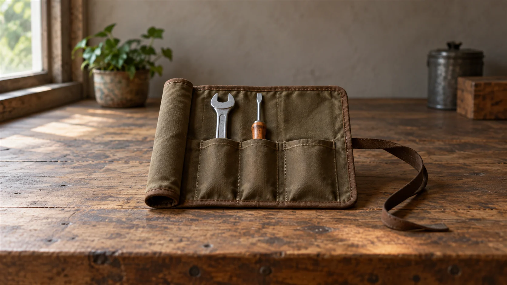 A compact canvas tool roll holds several tools beside an empty fitted pocket.