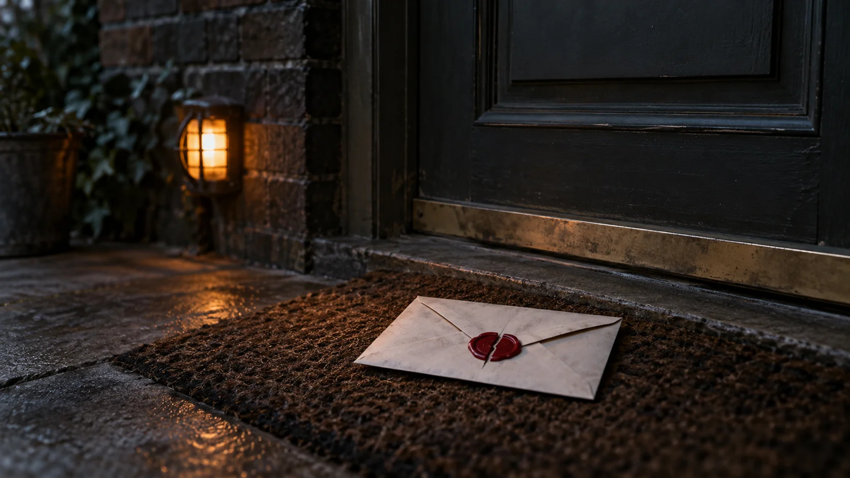 A wax-sealed envelope lying on a doormat with the wax seal cracked cleanly in half.