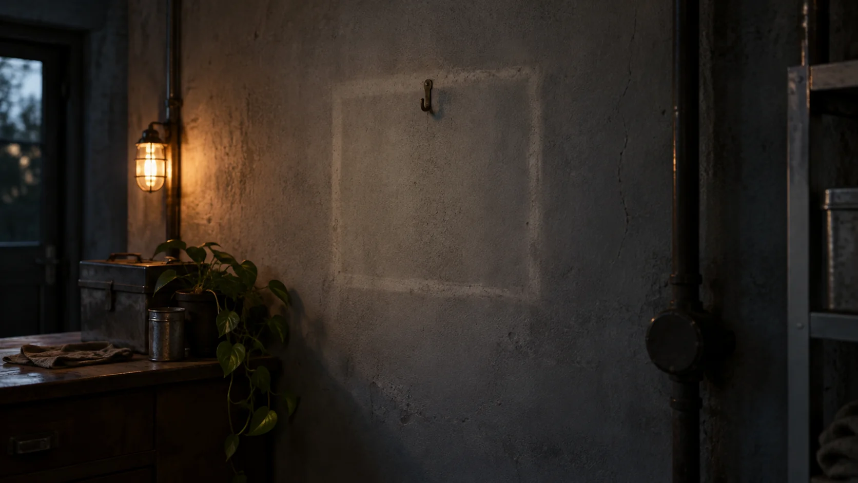 An empty picture hook on a wall with a faint clean rectangle where something used to hang.