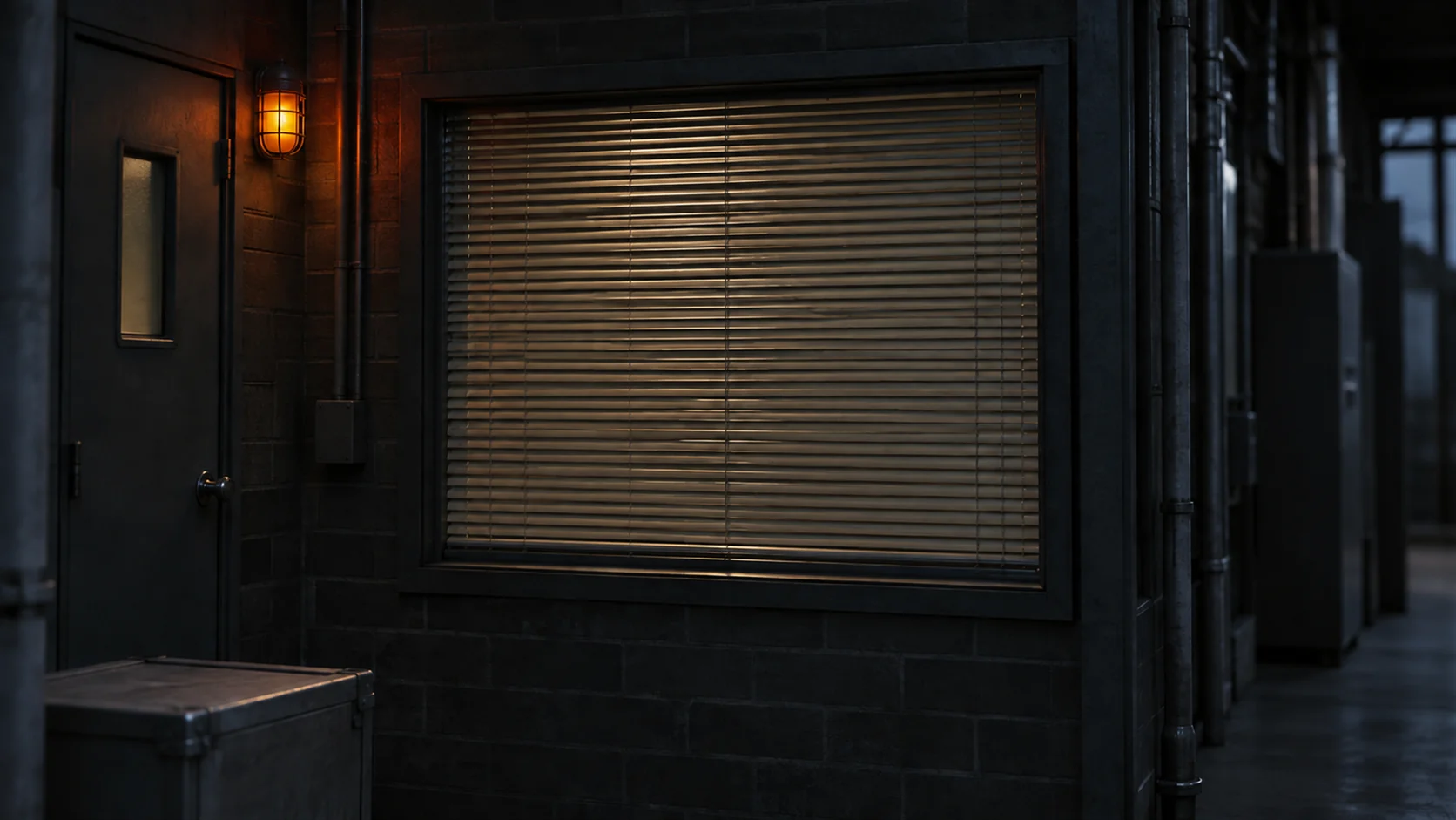 A control room observation window with the blinds pulled down from the inside, seen from the dark corridor.