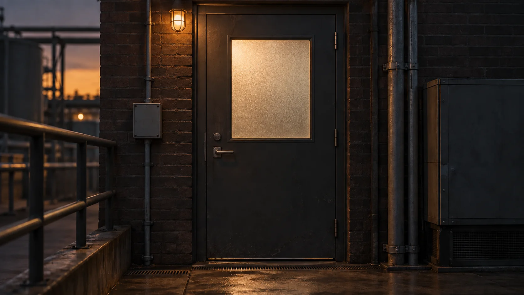 A viewing gallery door with a small glass panel, the glass frosted over from the far side.