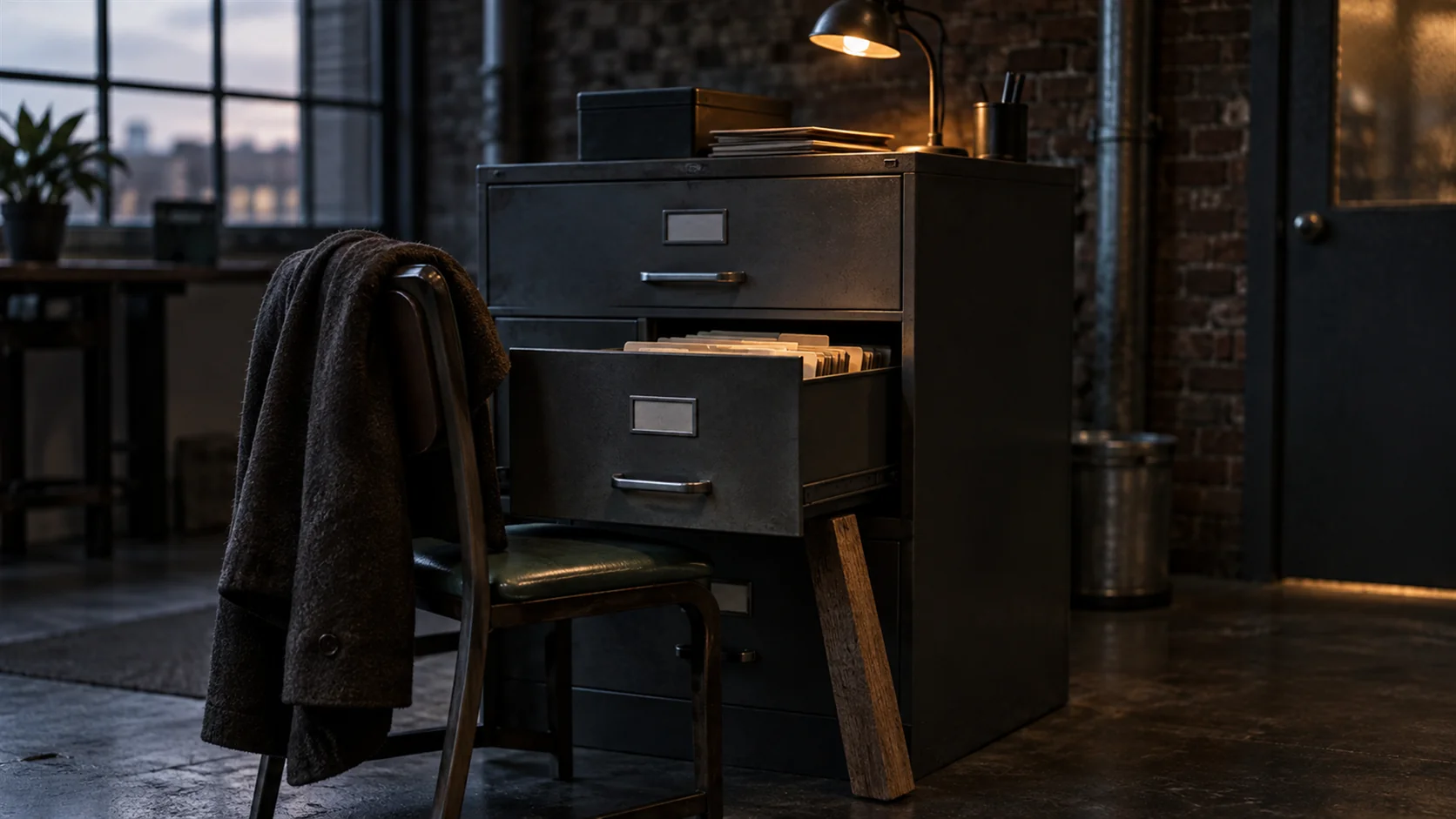 A filing cabinet drawer propped open by a wooden wedge, a coat still hanging on the chair pushed up against it.
