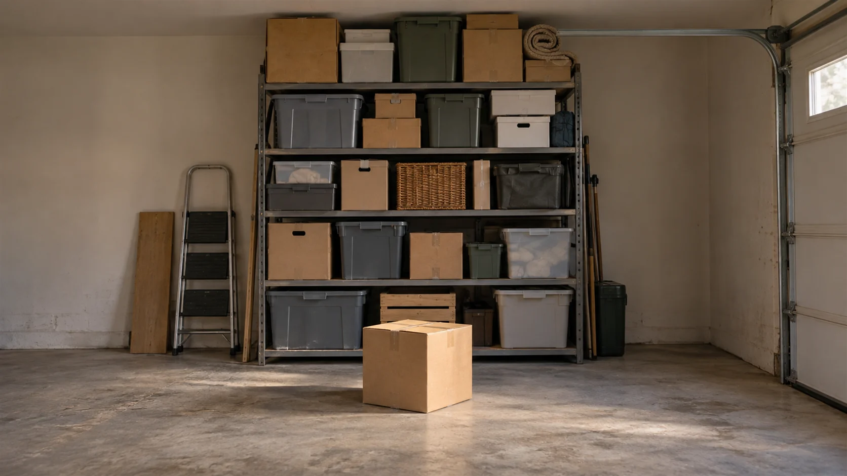 A garage shelf packed to the ceiling with boxes and one more box standing on the floor with nowhere to go.