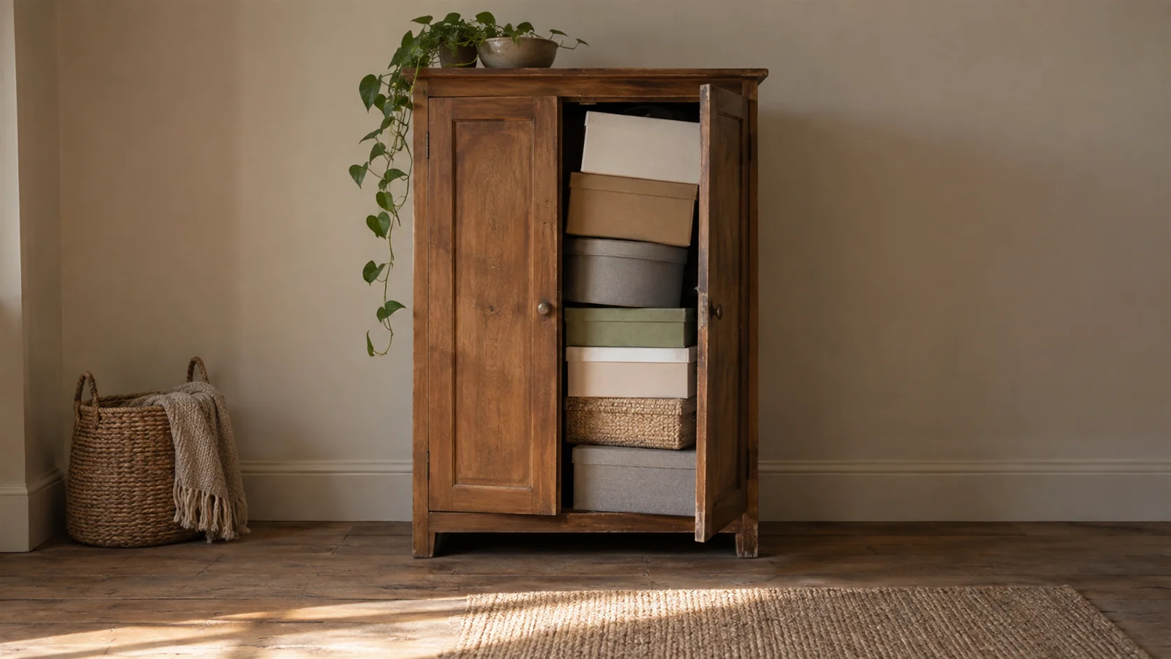 A cupboard door that will not close over the boxes stacked inside it.