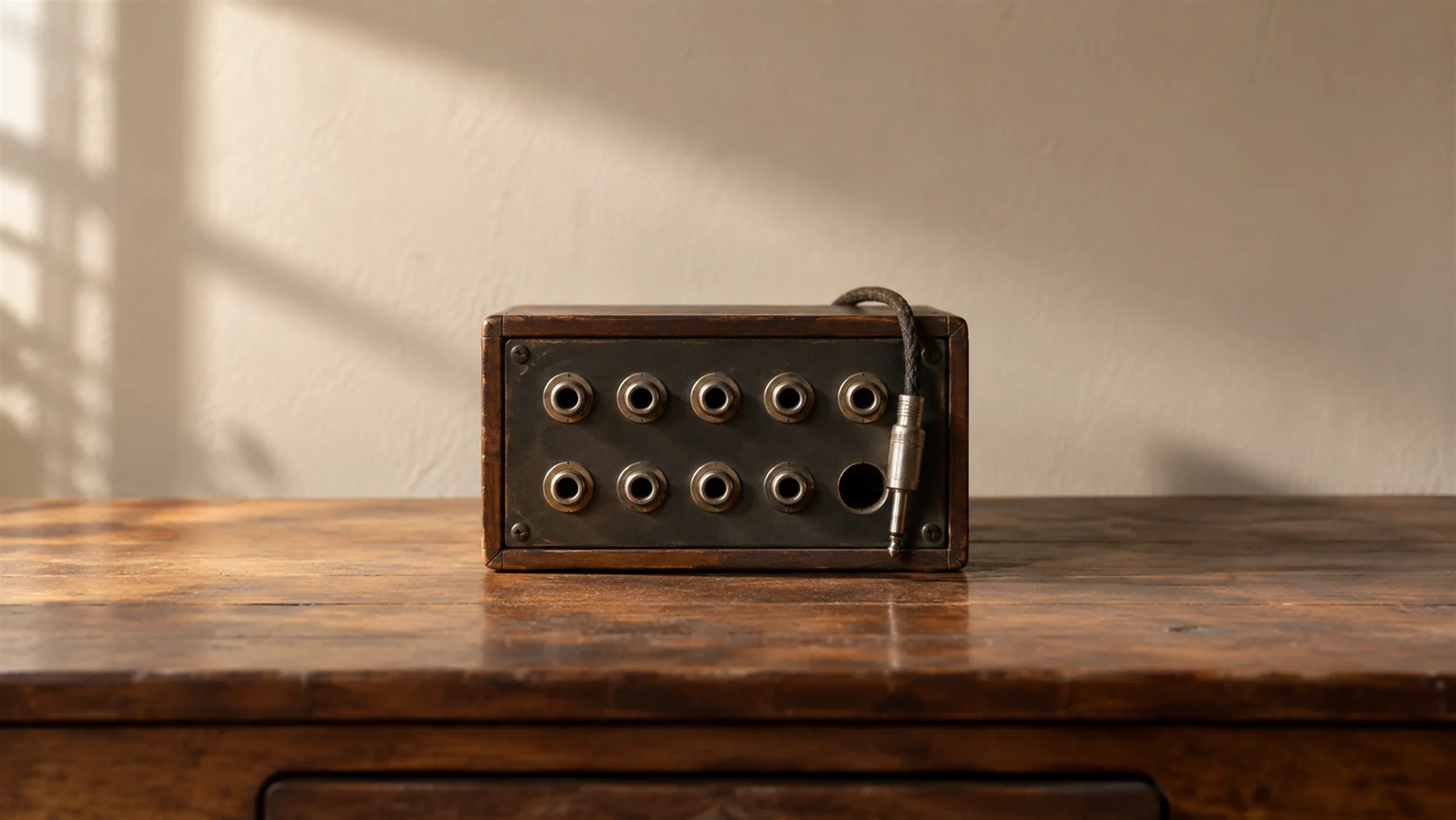A telephone patch panel with one empty port and a loose cable end resting against it.